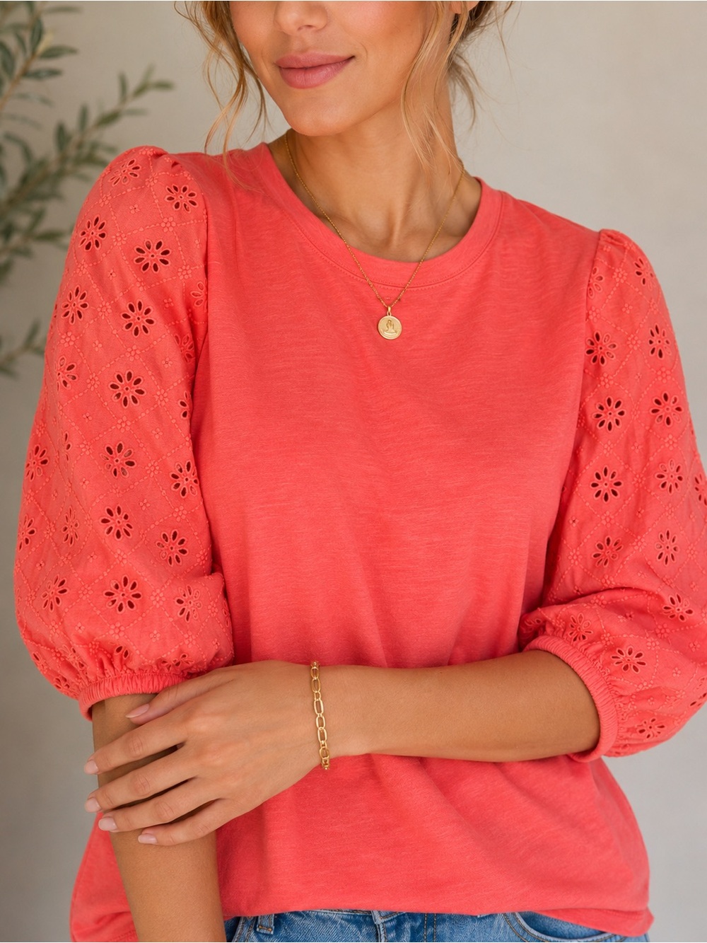 St. John's Bay Coral Puff-Sleeve Eyelet Sweatshirt